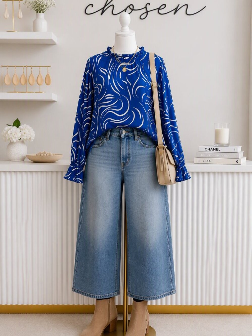 SHEIN Curve 1XL Blue Abstract Print Ruffle Neck Blouse Plus Size Boho Chic Top